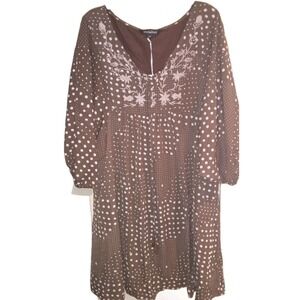NWT Davi & Dani 1X Brown Embroidered Polka Dress Tunic‎ Babydoll Ditsy Cottage